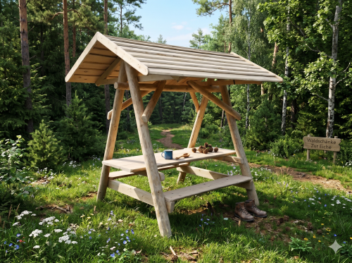 Massive handgefertigte Waldschänke XXL aus naturbelassenem Holz, mit robuster Dachkonstruktion und Sitzbänken auf beiden Seiten, ideal für Garten, Rastplatz oder Outdoor-Bereiche.