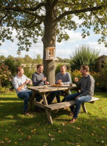 Entdecke einen einzigartigen, handgefertigten Vogelkasten, der humorvoll zu einer Mini-Schnapsbar umfunktioniert wurde. Perfekt als originelles Geschenk oder besonderes Deko-Objekt für Liebhaber von Unikaten und Spirituosen.