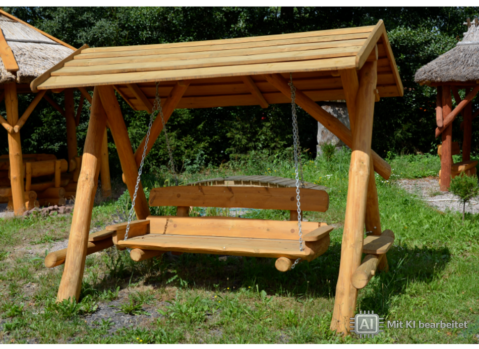 Hollywoodschaukel aus massiven Baumstämmen m. Holzdach