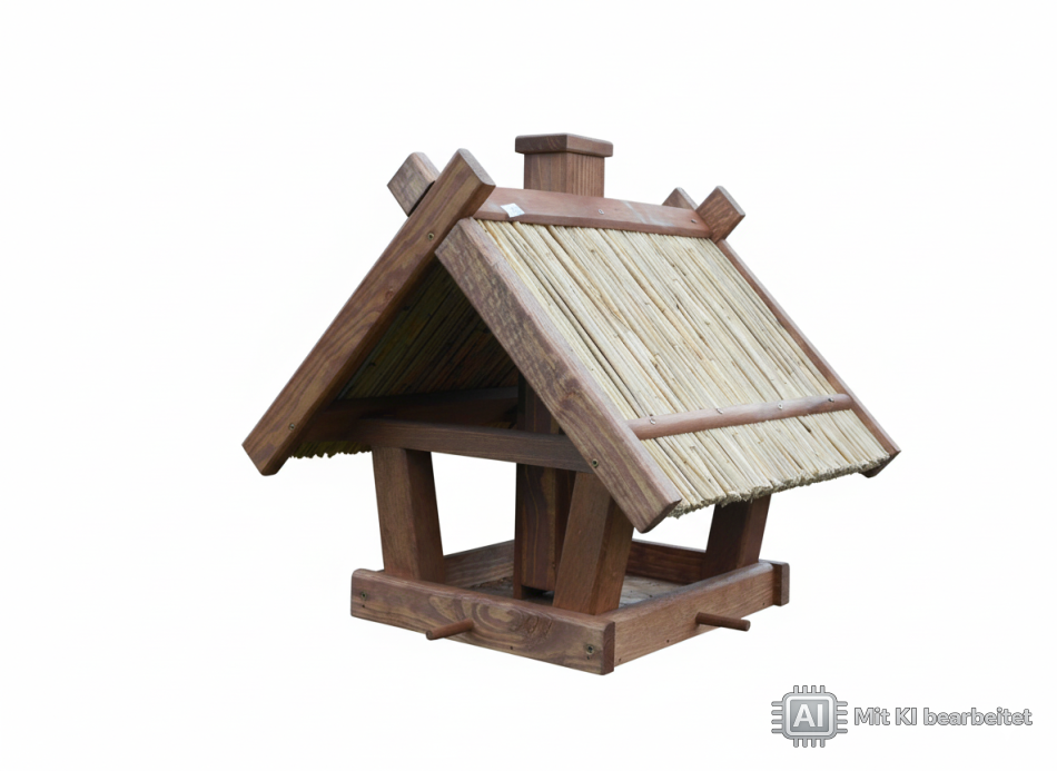 Handgefertigtes großes Vogelhaus aus massivem Holz mit Reetdach und integriertem Futterspender – fertig montiert und mit Holzschutz behandelt. Ideal als Geschenk oder Gartendeko. Maße ca. 40×40 cm, Höhe 45 cm.