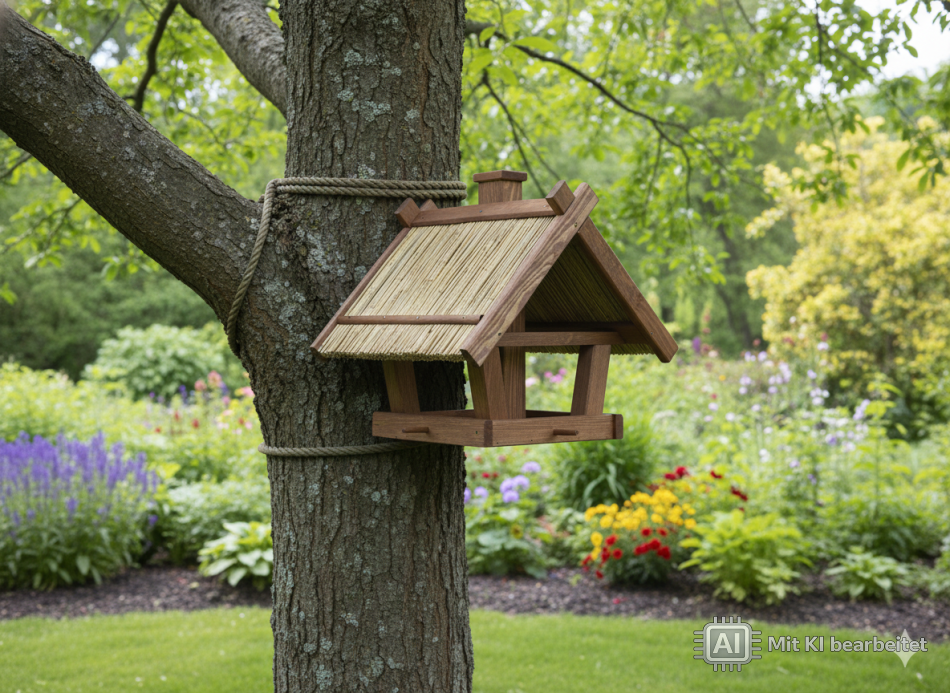 Futterhäuschen, Vogelfutterhaus mit Reetdach