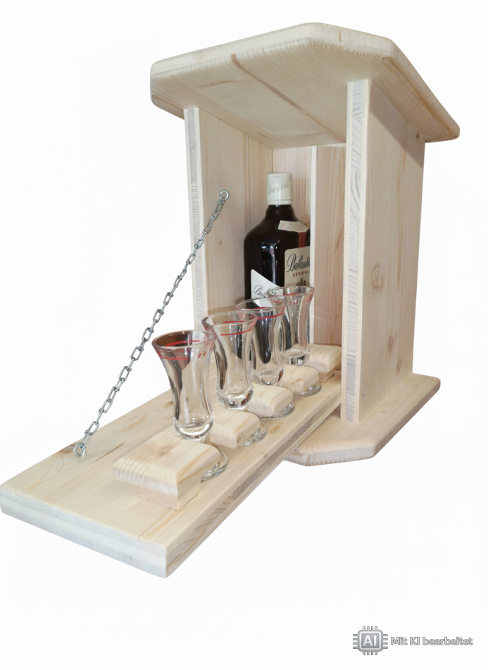 Entdecke einen einzigartigen, handgefertigten Vogelkasten, der humorvoll zu einer Mini-Schnapsbar umfunktioniert wurde. Perfekt als originelles Geschenk oder besonderes Deko-Objekt für Liebhaber von Unikaten und Spirituosen.